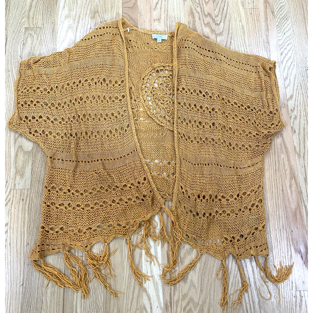 Earthy Gold Crochet Fringe Top Size L Open Knit Boho Festival Free Spirit